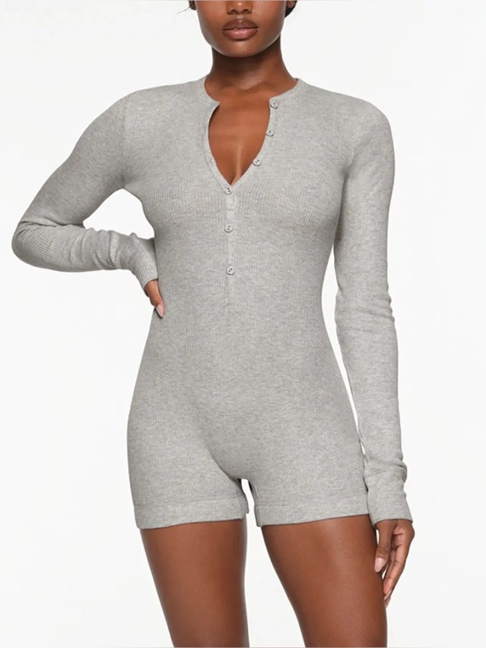 SKIMS Waffle Button-Up Long Sleeve Henley Romper in Light Heather Grey